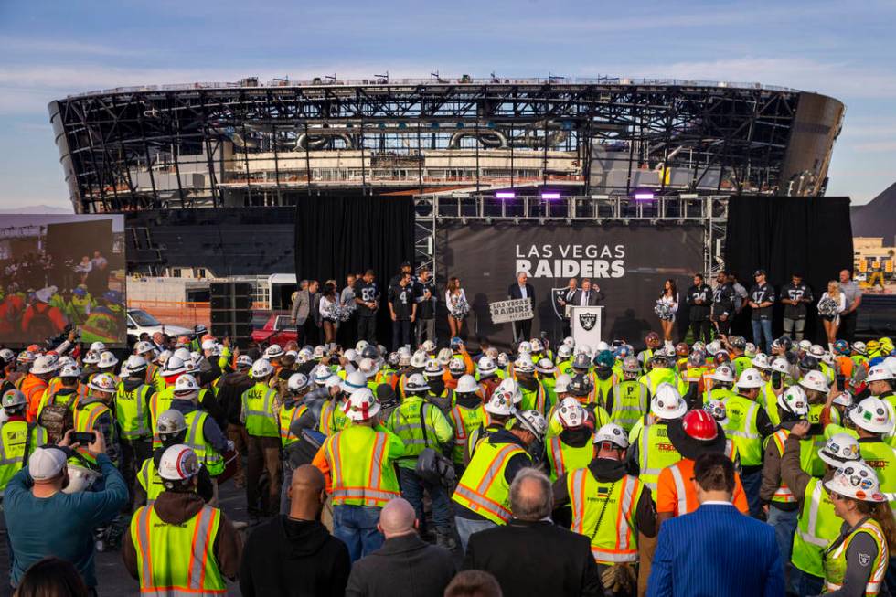 Raiders owner Mark Davis speaks during a special announcement at the Allegiant Stadium in Las V ...