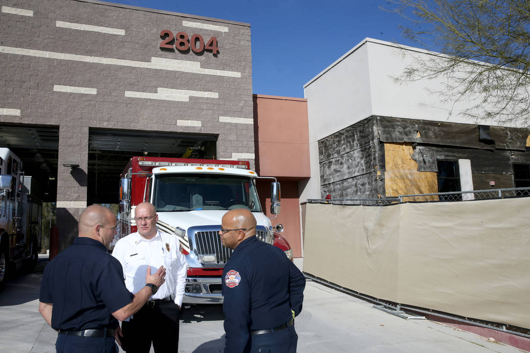 North Las Vegas Fire Capt. Ben Bodine, from left, Chief Joseph Calhoun and Public Information O ...