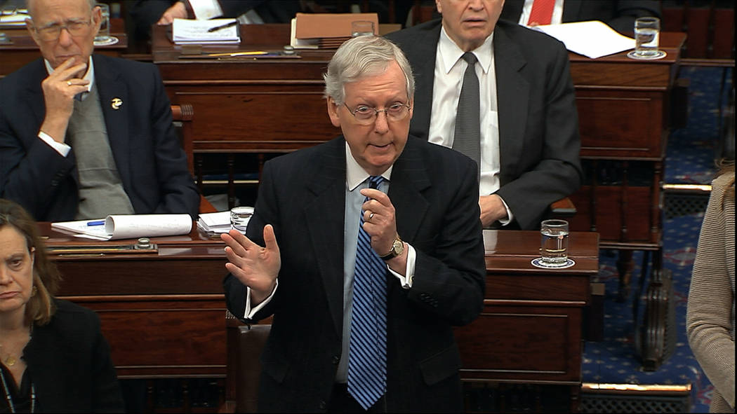 In this image from video, Senate Majority Leader Mitch McConnell, R-Ky., speaks during the impe ...