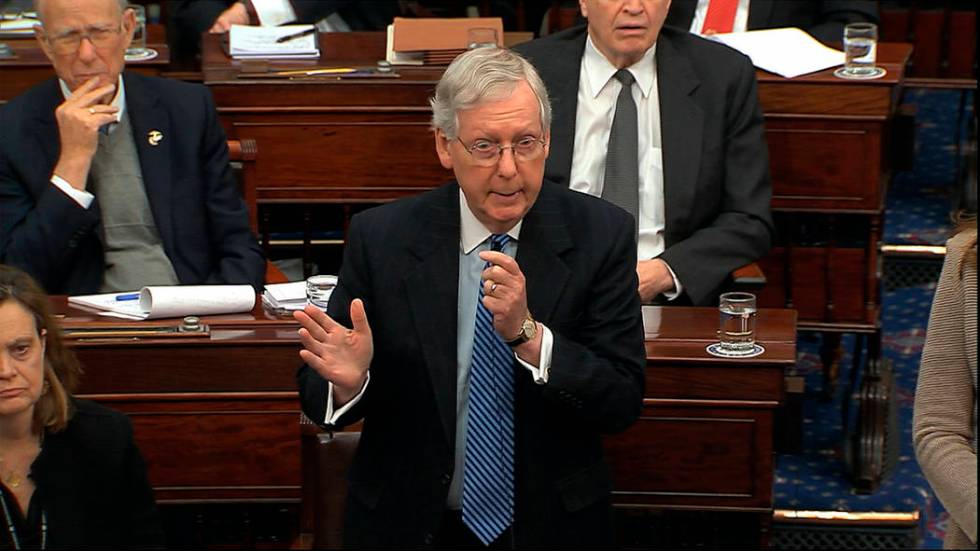 In this image from video, Senate Majority Leader Mitch McConnell, R-Ky., speaks during the impe ...