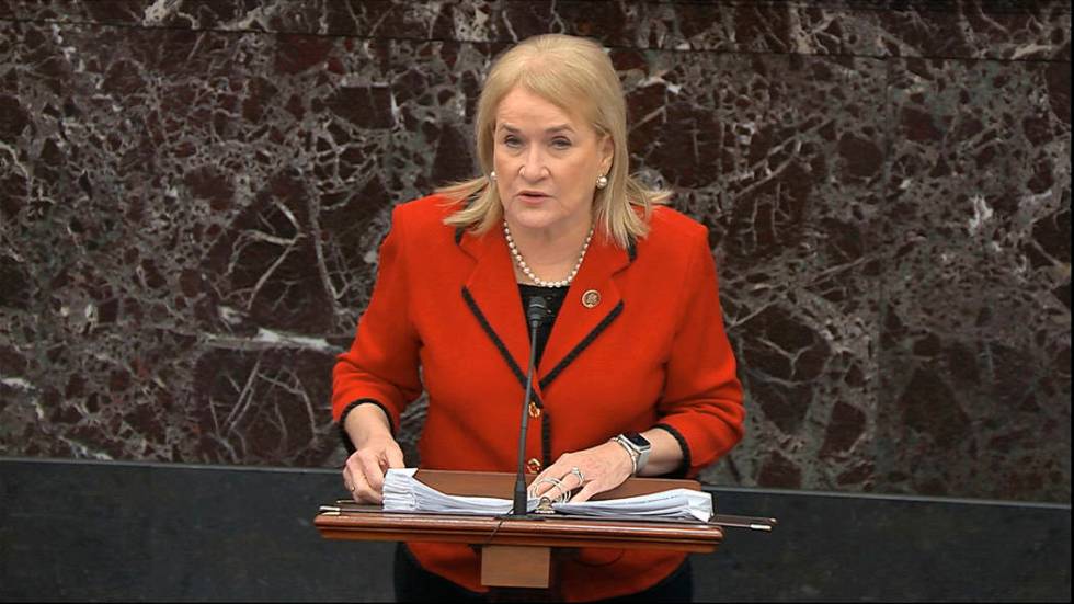 In this image from video, House impeachment manager Rep. Sylvia Garcia, D-Texas, speaks during ...