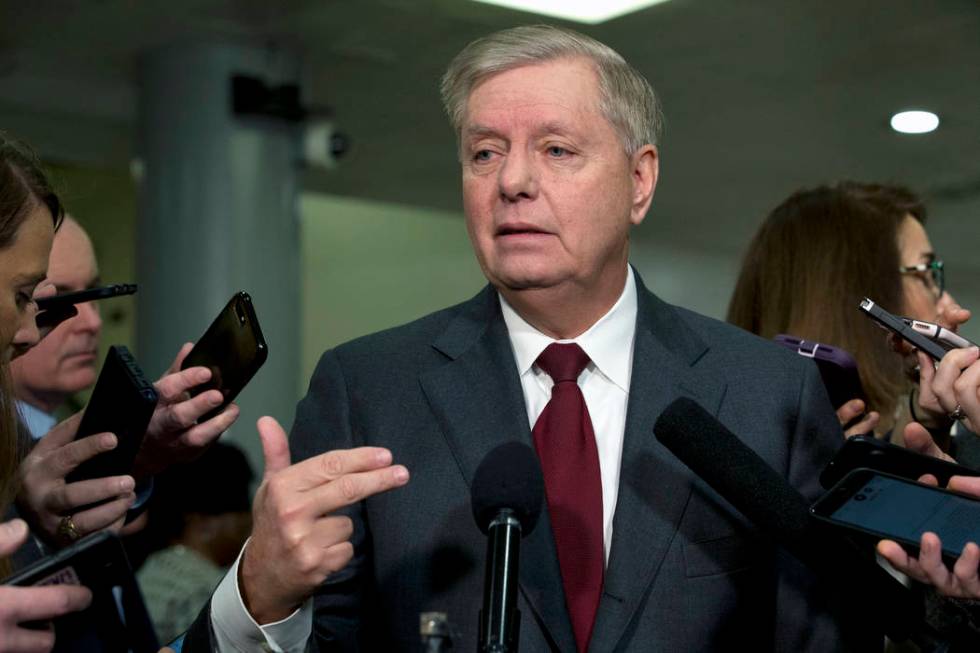 Sen. Lindsey Graham, R-S.C., speaks to the media before attending the impeachment trial of Pres ...