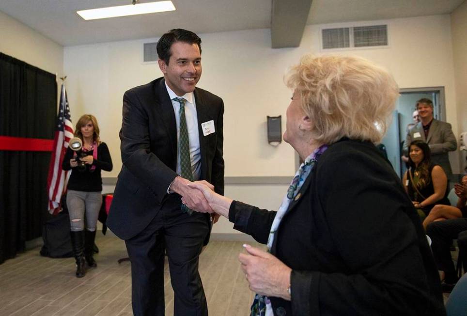 In a Nov. 1, 2018, file photo, Nevada Assistant Attorney General Brin Gibson shakes the hand of ...