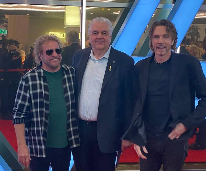 Sammy Hagar, from left, Gov. Steve Sisolak and Rick Springfield attend the ribbon-cutting cerem ...