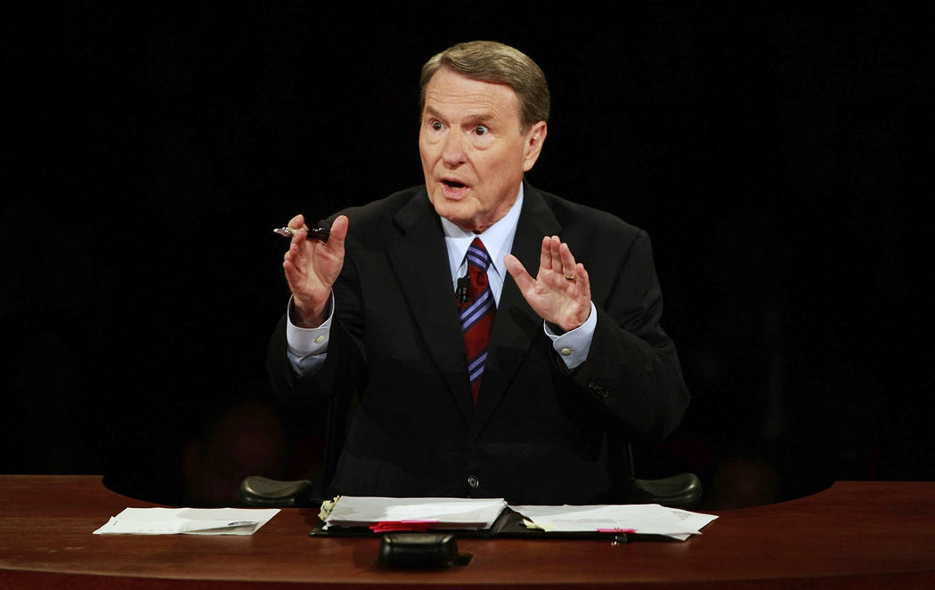 FILE - This Sept. 26, 2008 file photo shows debate moderator Jim Lehrer during the first U.S. P ...