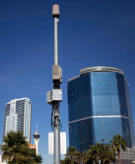 A small cell site is installed on a pole on Las Vegas Boulevard, south of Sahara Avenue, on Fri ...