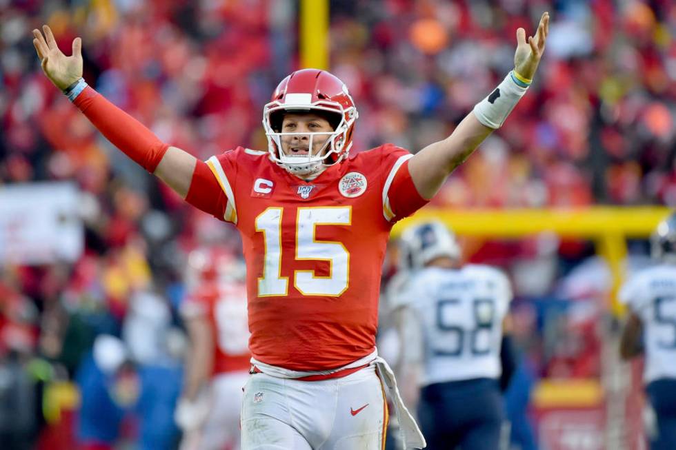 Kansas City Chiefs' Patrick Mahomes celebrates a touchdown pass during the second half of the N ...