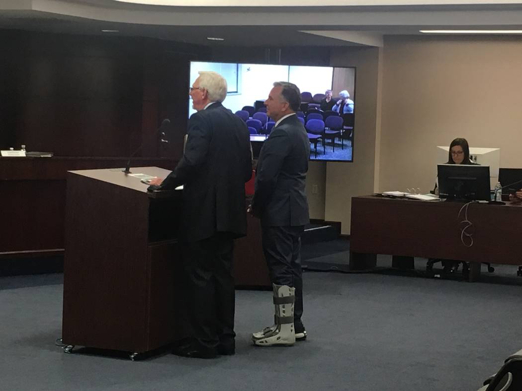 Drew Las Vegas owner Steve Witkoff, wearing a walking cast on his left leg, appears before the ...