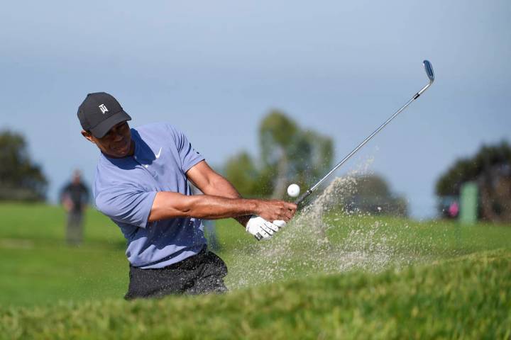 Tiger Woods hits out of the bunker on the 11th hole of the North Course at Torrey Pines Golf Co ...