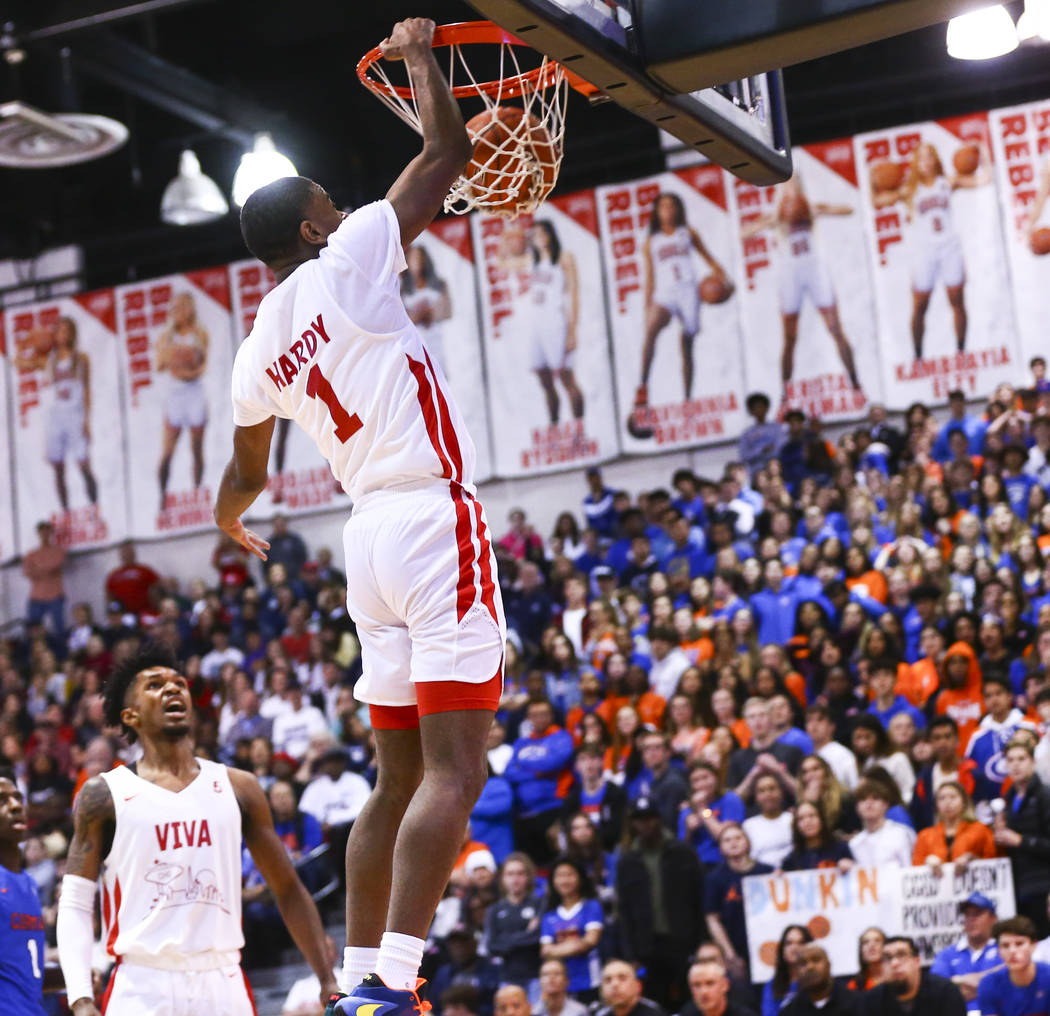 Coronado's Jaden Hardy (1) dunks against Bishop Gorman during the first half of a basketball ga ...