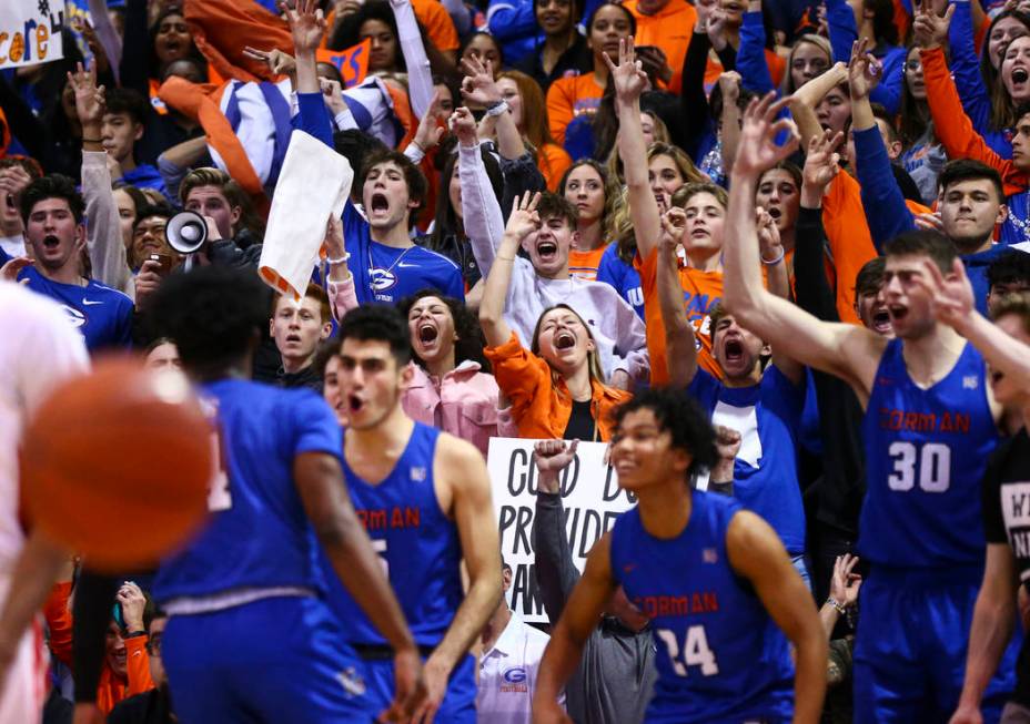 Bishop Gorman students cheer during the second half of a basketball game against Coronado at th ...