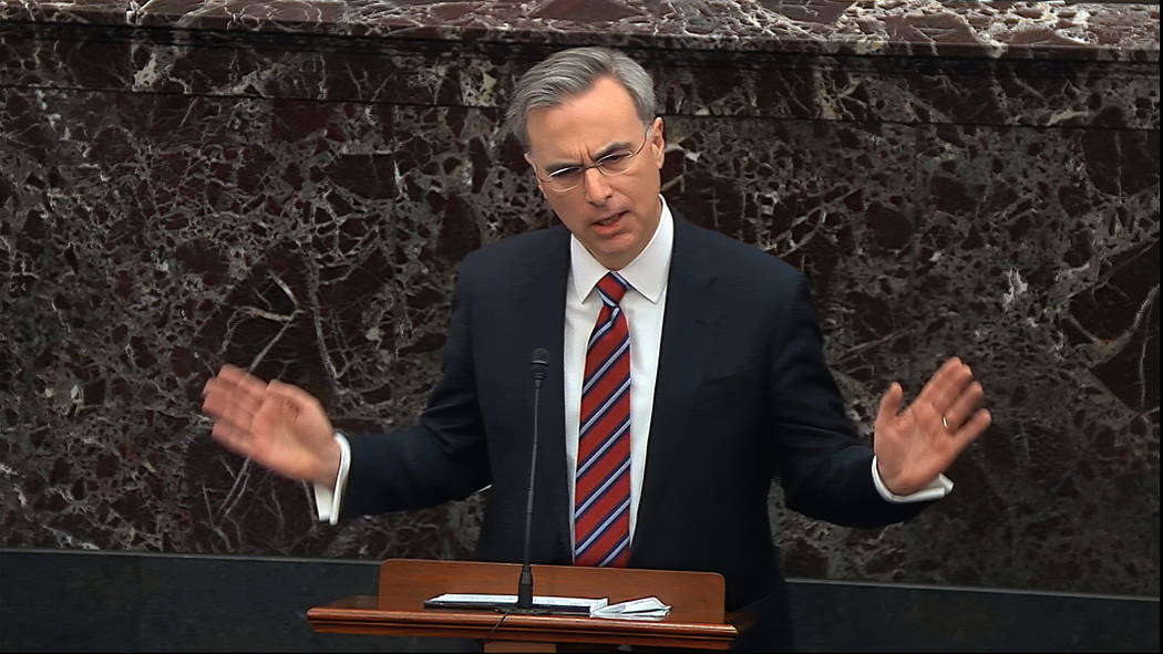 White House counsel Pat Cipollone speaks during the impeachment trial against President Donald ...