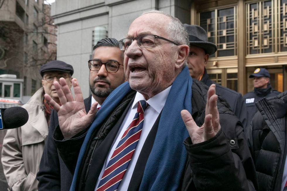 Attorney Alan Dershowitz talks to the press outside federal court, in New York, Dec. 2, 2019. D ...