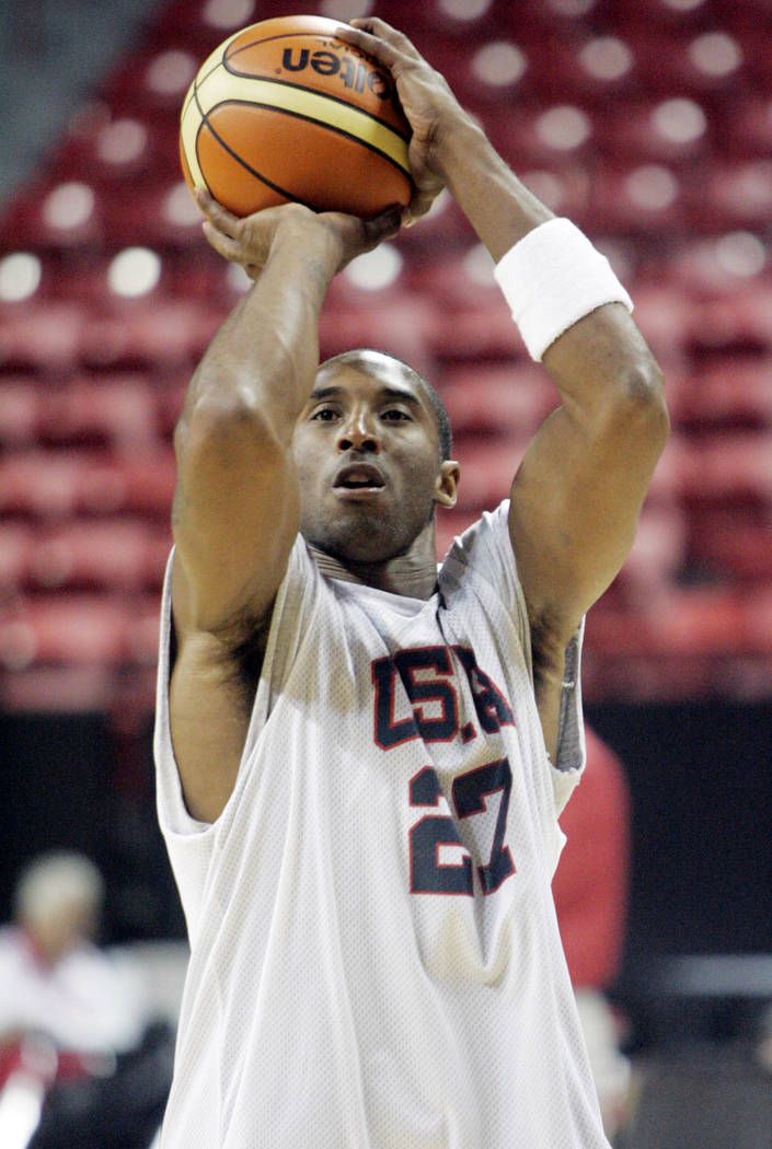 Team USA basketball player Kobe Bryant pulls up for a jump shot during the practice held at the ...