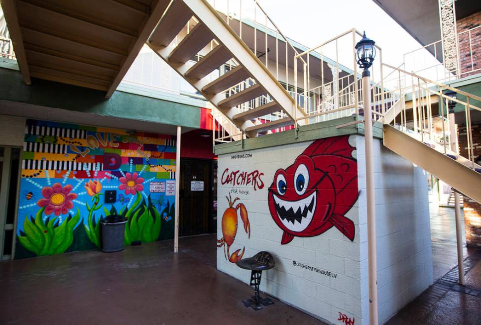 A view of a pair of murals in New Orleans Square in Las Vegas on Tuesday, Jan. 28, 2020. (Chase ...