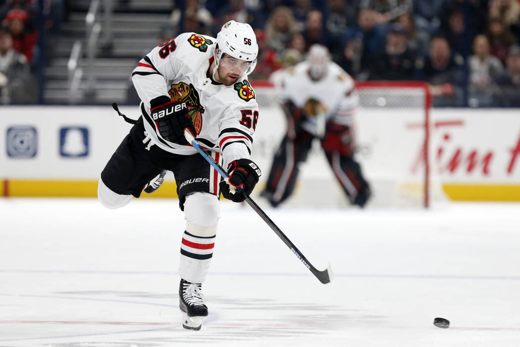 Chicago Blackhawks defenseman Erik Gustafsson, of Sweden, against the Columbus Blue Jackets dur ...