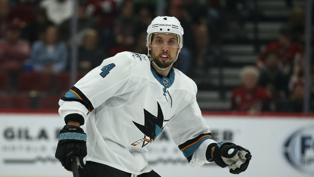 San Jose Sharks defenseman Brenden Dillon watches the movement of the puck during the first per ...