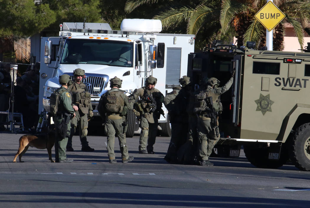 A Las Vegas SWAT team at the scene of a barricade situation near Washington Avenue and Valley V ...