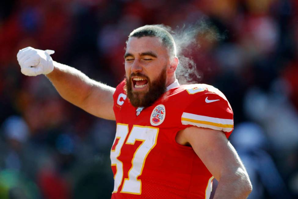 Kansas City Chiefs tight end Travis Kelce before the start of an NFL, AFC Championship football ...