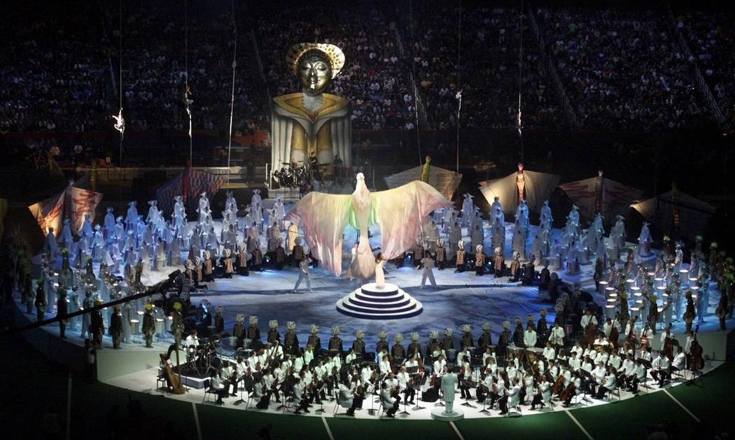 A general view of performers on stage during the halftime show at Super Bowl XXXIV in the Georg ...