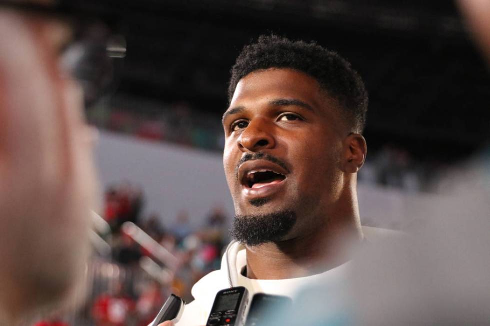 San Francisco 49ers defensive end Dee Ford speaks to media during Super Bowl LIV Opening Night ...