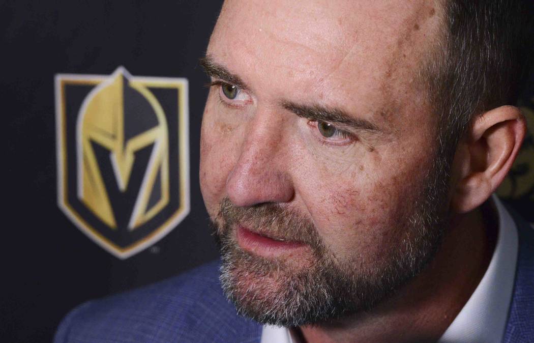 Vegas Golden Knights new head coach Peter DeBoer talks to media after defeating the Ottawa Sena ...