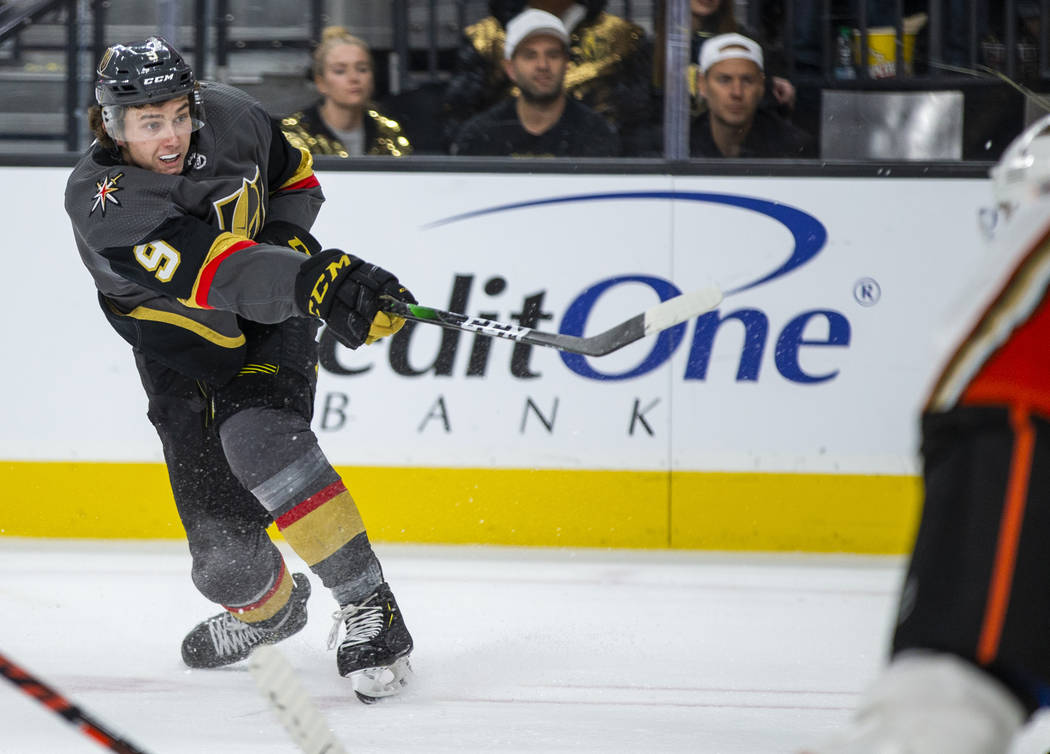 Vegas Golden Knights center Cody Glass (9) fires a shot a goal versus the Anaheim Ducks during ...