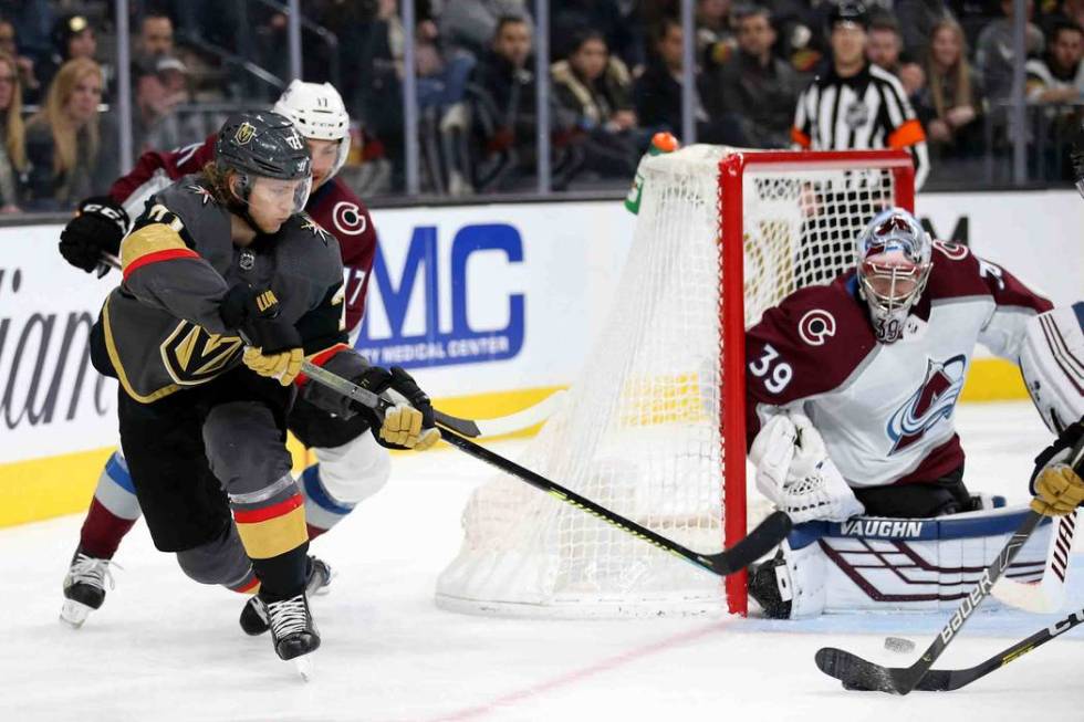 Vegas Golden Knights center William Karlsson (71) centers the puck in front of Colorado Avalanc ...