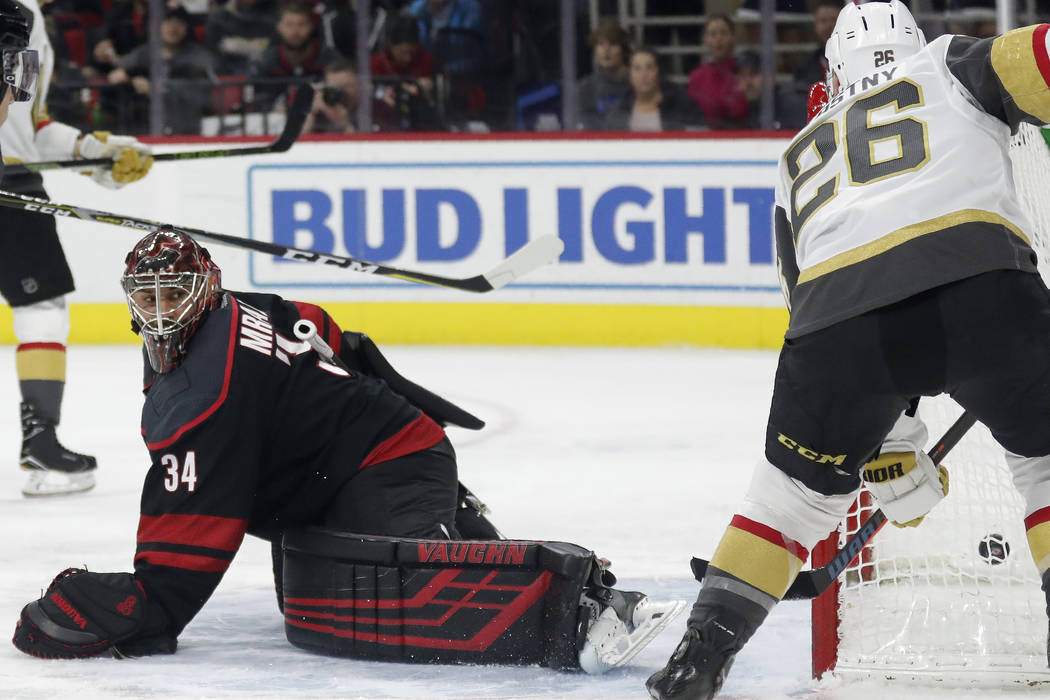 Vegas Golden Knights center Paul Stastny (26) scores against Carolina Hurricanes goaltender Pet ...