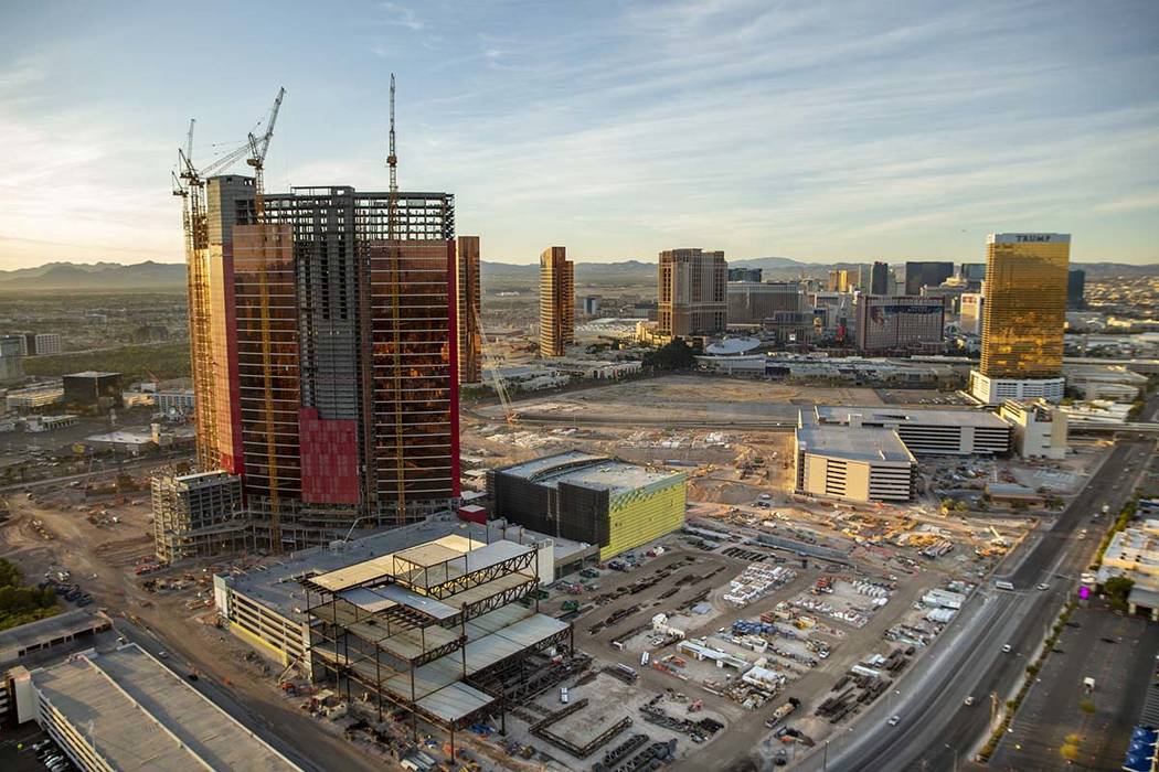 Resorts World under construction during an aerial photo on Wednesday, Oct. 16, 2019, in Las Veg ...