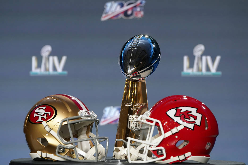 The Vince Lombardi Trophy is displayed before a news conference for the NFL Super Bowl 54 footb ...