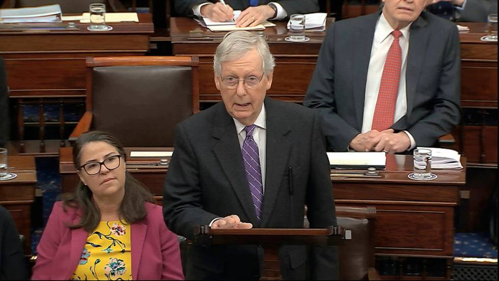 In this image from video, Senate Majority Leader Mitch McConnell, R-Ky., speaks during the impe ...