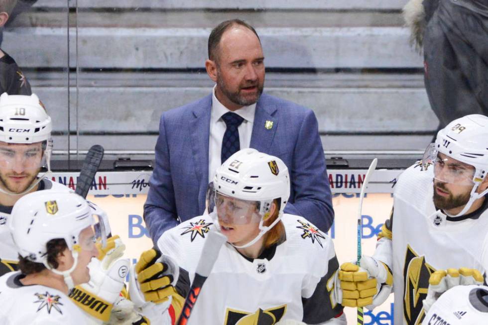 Vegas Golden Knights new head coach Peter DeBoer is seen on the bench as Vegas Golden Knights c ...