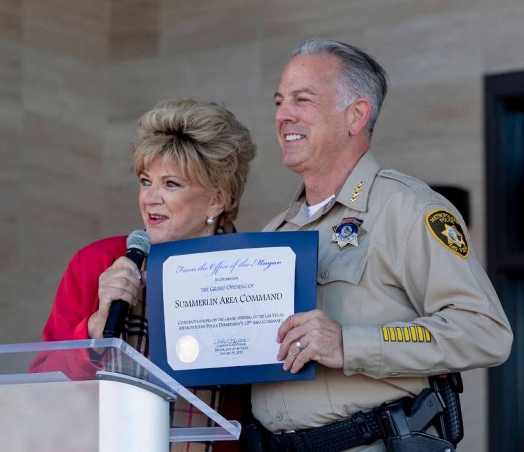 Las Vegas Mayor Carolyn Goodman, left, congratulate Sheriff Joseph Lombardo during the official ...