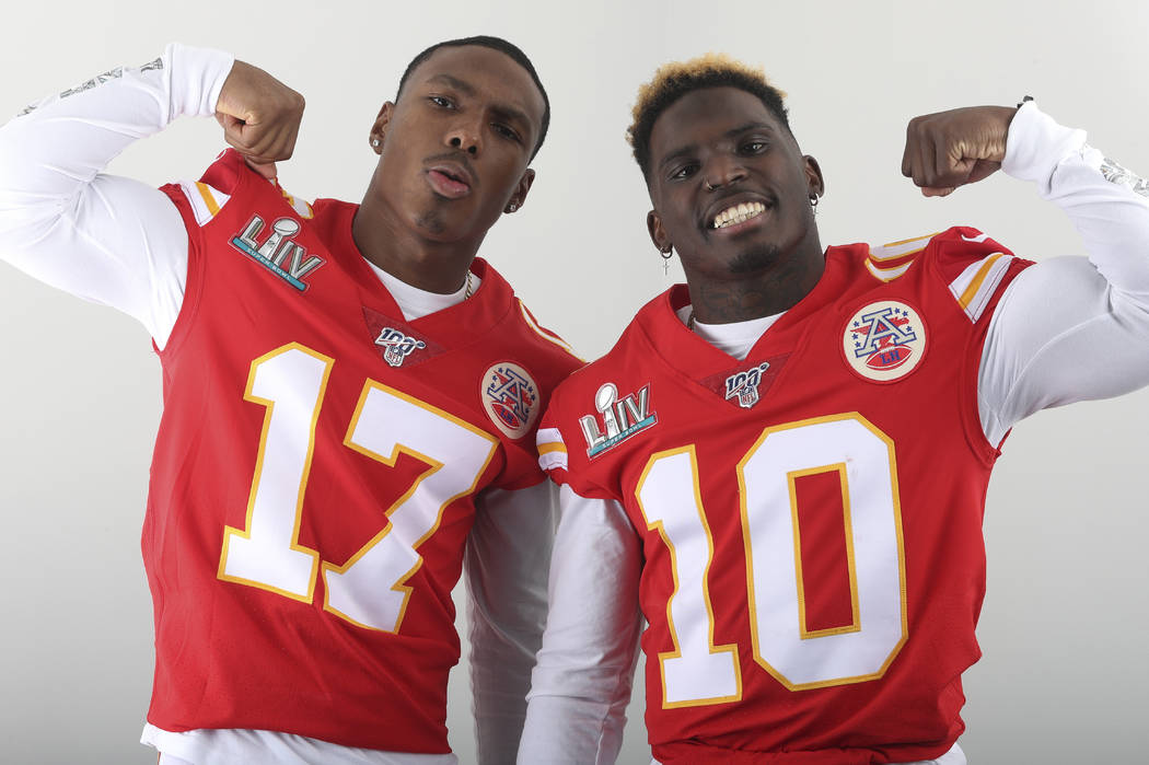 Kansas City Chiefs' Mecole Hardman and Sammy Watkins pose for a portrait on Monday, Jan. 27, 20 ...