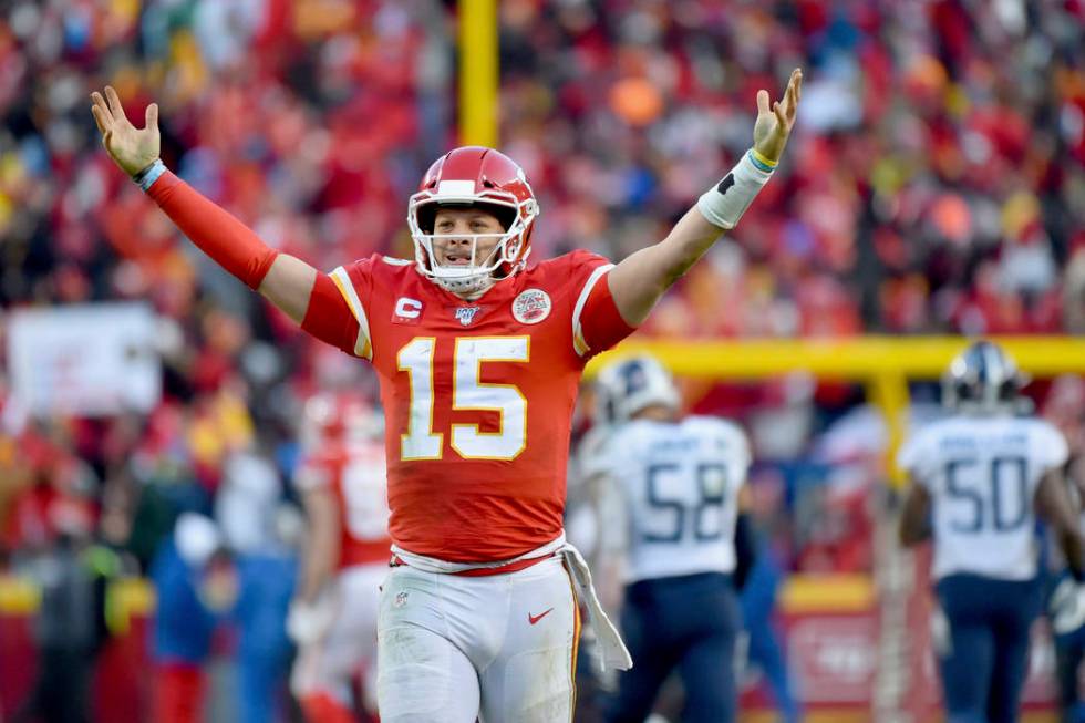 Kansas City Chiefs' Patrick Mahomes celebrates a touchdown pass during the second half of the N ...