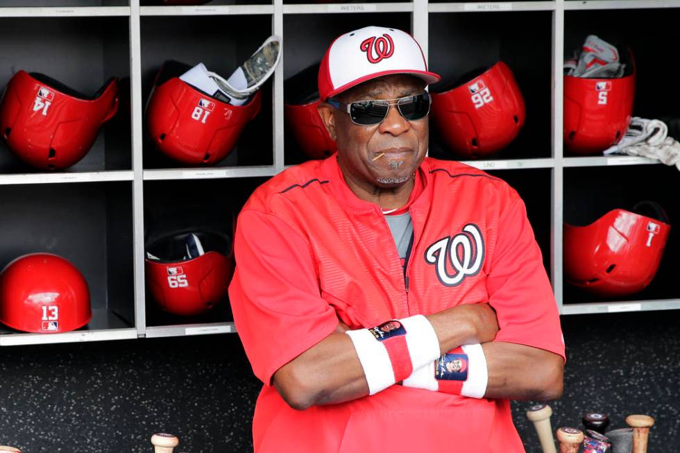 FILE - In this July 8, 2017, file photo, Washington Nationals manager Dusty Baker watches batti ...