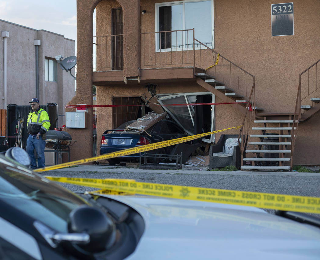 A vehicle crashed into an apartment building following a domestic dispute on the 5300 block of ...