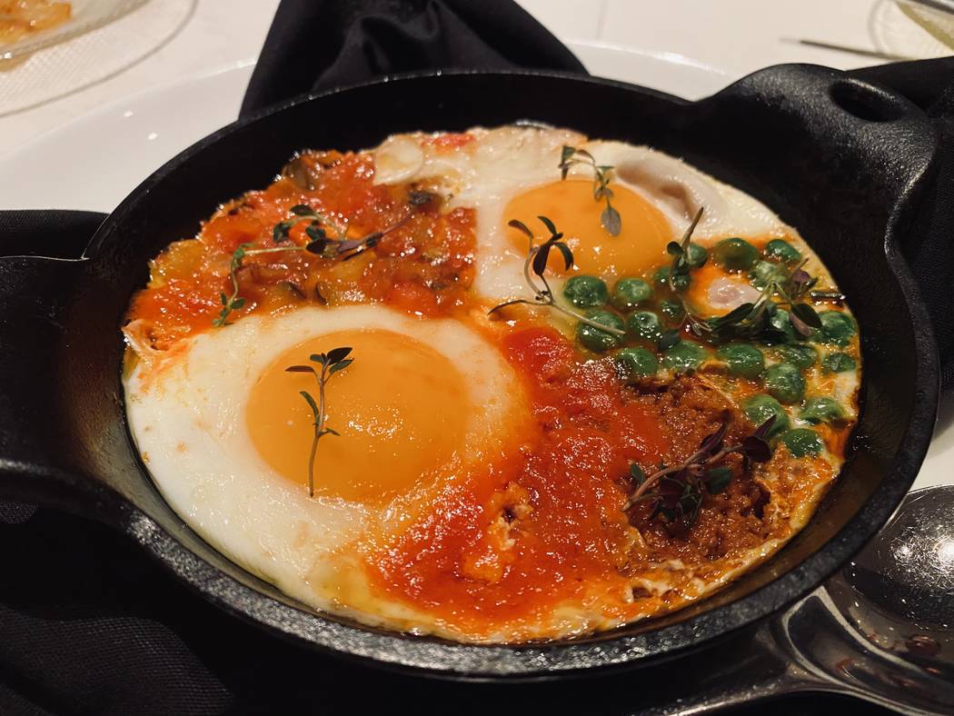 Huevos al plato (Baked egg skillet with stewed vegetables and sobrasada). (Al Mancini/Las Vegas ...