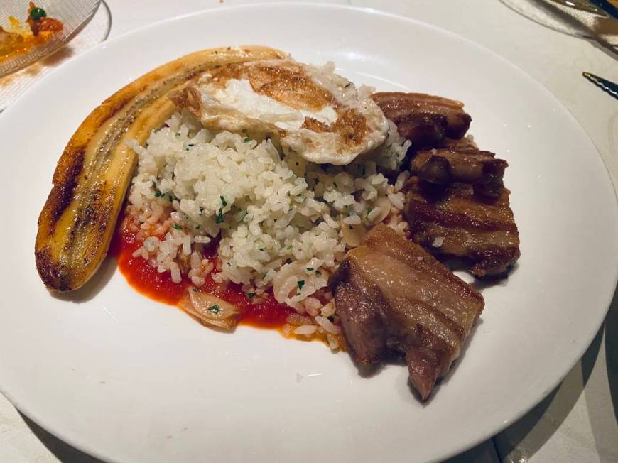 Arroz a la Cubana (Sautéed rice served with caramelized banana, pork belly and an organic free ...