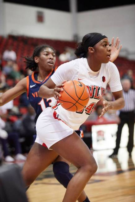 UNLV center Rodjanae Wade drives against Virginia on December 20, 2019 at Cox Pavilion. (UNLV P ...