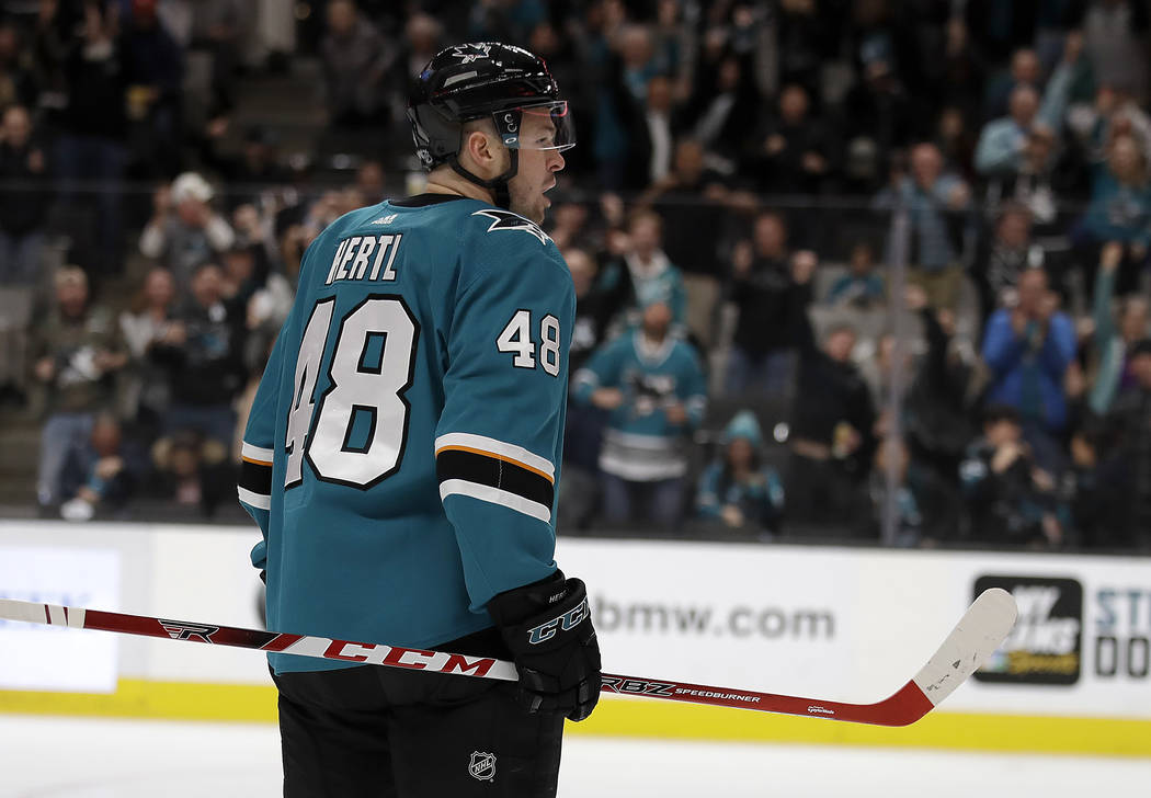 San Jose Sharks' Tomas Hertl celebrates after scoring a goal against the Vancouver Canucks duri ...