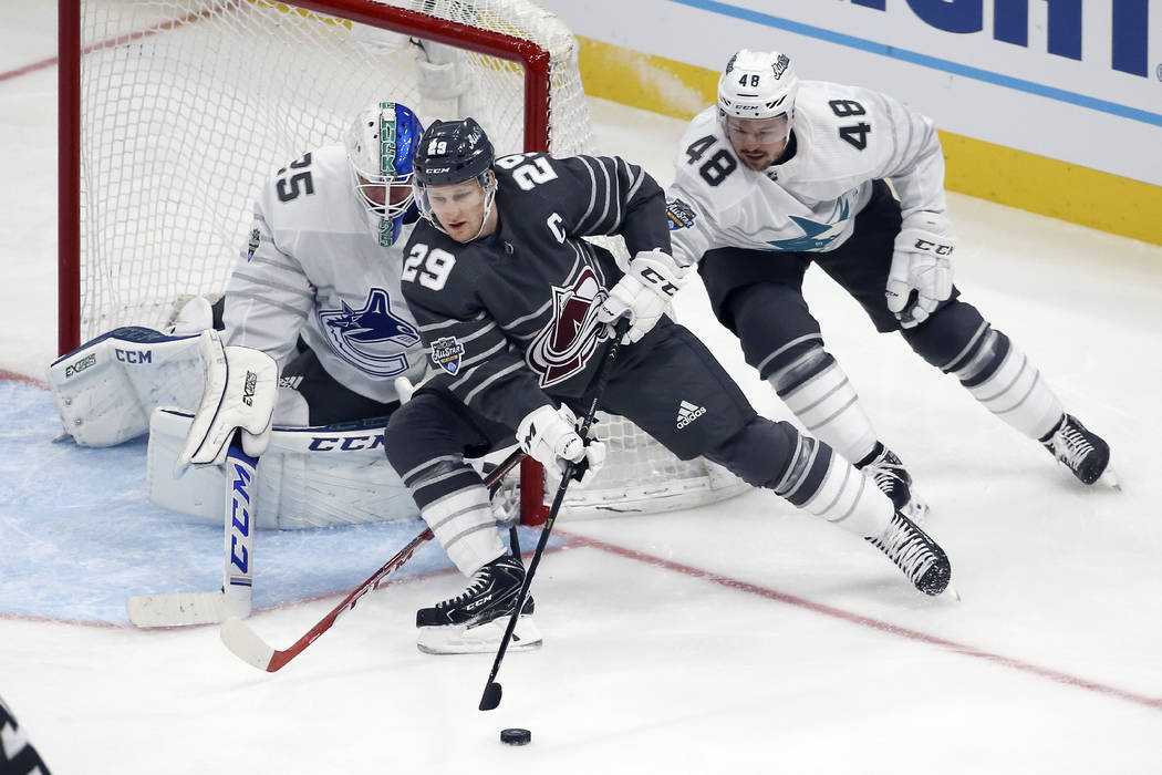 Colorado Avalanche forward Nathan MacKinnon (29) moves the puck against Vancouver Canucks goali ...