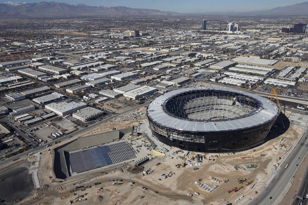 Aerial photo of Allegiant Stadium, future home of the Las Vega Raiders, pictured on Thursday, J ...