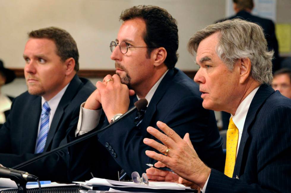 Jon Snyder, left, developer Chris Milam and Terry Care testify in a joint legislative committee ...