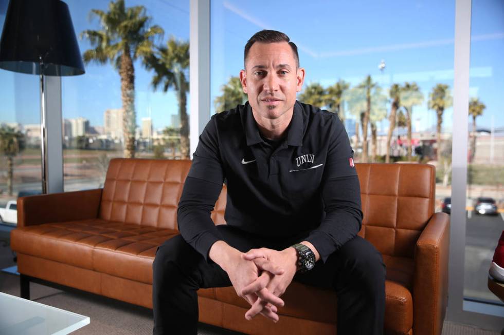 UNLV football head coach Marcus Arroyo is photographed in his office at the Fertitta Football C ...