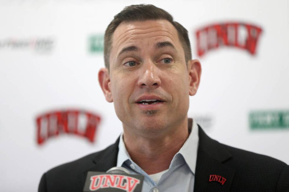 UNLV football head coach Marcus Arroyo announces his first recruiting class during a press conf ...