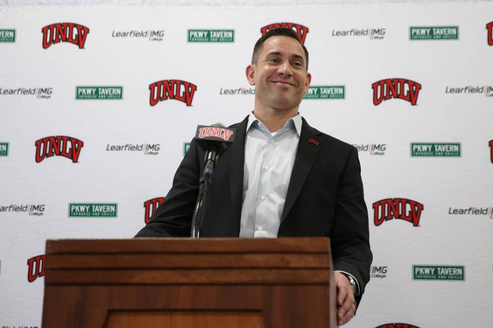 UNLV football head coach Marcus Arroyo announces his first recruiting class during a press conf ...