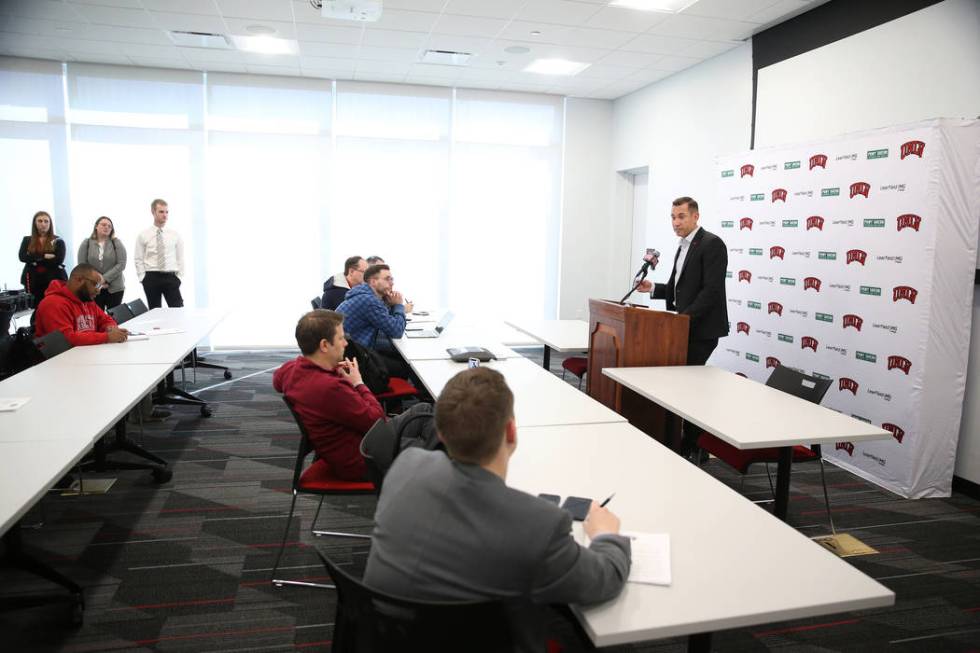 UNLV football head coach Marcus Arroyo announces his first recruiting class during a press conf ...