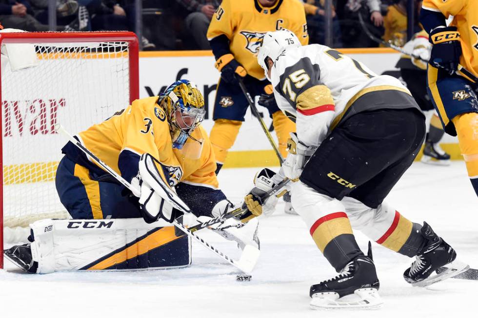 Nashville Predators goaltender Pekka Rinne (35), of Finland, stops a shot by Vegas Golden Knigh ...